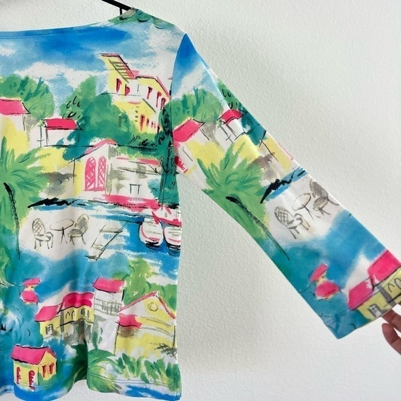 Northern Isles Coastal Village Vibrant Neon Pink Blue Quarter Sleeve Top Small - Picture 7 of 12
